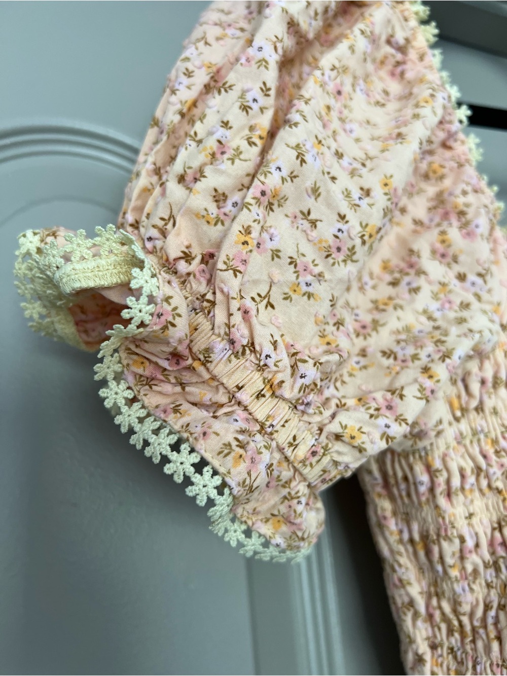 Cottagecore Floral Smocked Midi Dress Pink Yellow 100% Cotton L - Picture 3 of 7